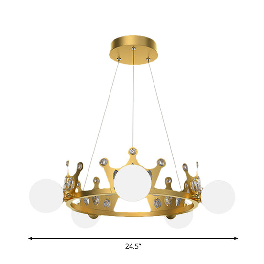Gold Metal Crown Chandelier Lamp for Kids - 5/8 Lights, Hanging Pendant with Frosted Glass Ball Shade