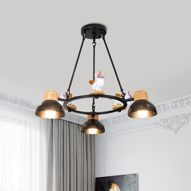 Kids Domed Pendant Chandelier: Metal 3/6-Light Suspension Lighting with Deer/Horse Decor in Black/White