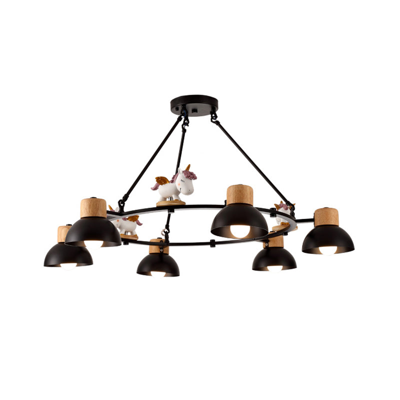 Kids Domed Pendant Chandelier: Metal 3/6-Light Suspension Lighting with Deer/Horse Decor in Black/White