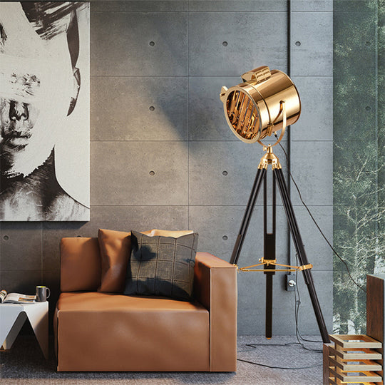 Rotatable Cylinder Metal Shade Floor Light - Tripod Design, Industrial Style, 1-Light, Indoor Standing Lamp - Black