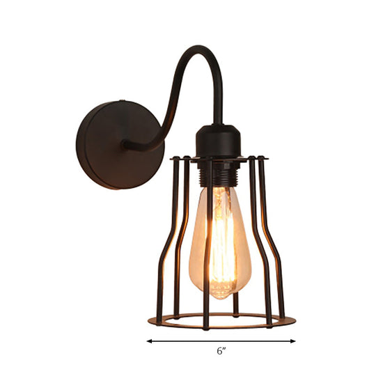 Vintage-Style Iron Caged Farmhouse Wall Sconce with Gooseneck Arm - 1 Light Black Wall Mount
