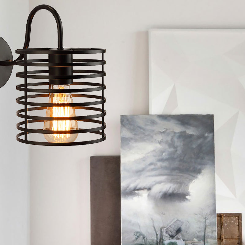Retro Metal Cylinder Caged Wall Lamp with Gooseneck Arm - Black, 8.5"/9.5" Width