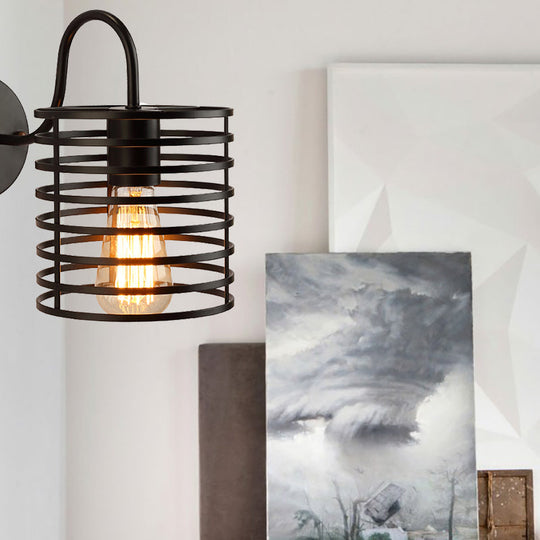 Retro Metal Cylinder Caged Wall Lamp with Gooseneck Arm - Black, 8.5"/9.5" Width
