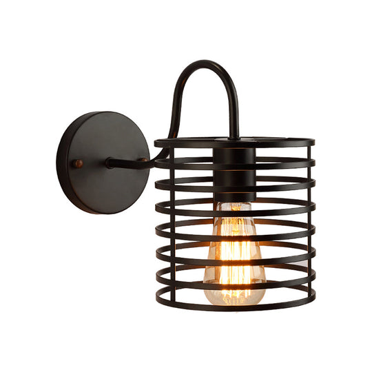 Retro Metal Cylinder Caged Wall Lamp with Gooseneck Arm - Black, 8.5"/9.5" Width