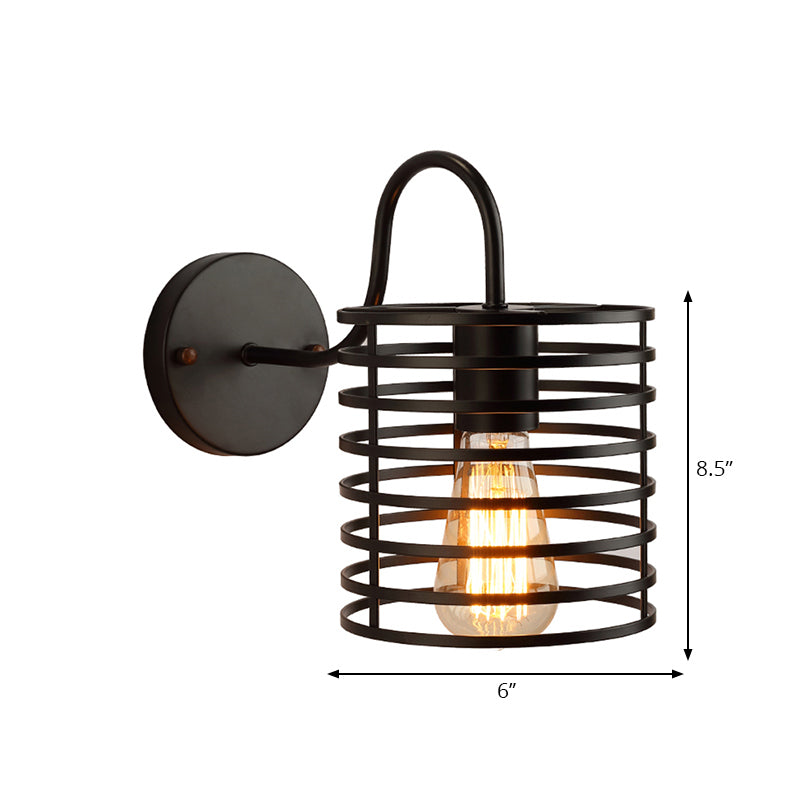 Retro Metal Cylinder Caged Wall Lamp with Gooseneck Arm - Black, 8.5"/9.5" Width