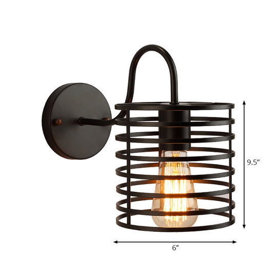 Retro Metal Cylinder Caged Wall Lamp with Gooseneck Arm - Black, 8.5"/9.5" Width