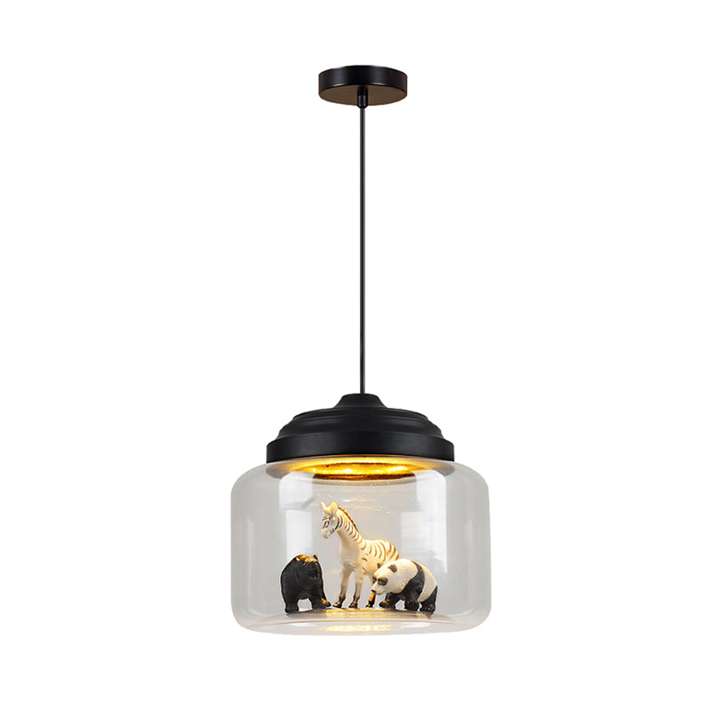 Modern Adjustable Glass Cylinder Bedroom Pendant Lamp with Animal Decor (Random Animal Shipment)