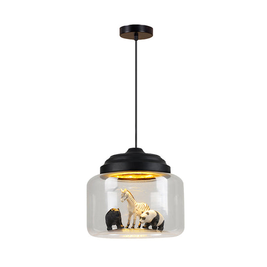 Modern Adjustable Glass Cylinder Bedroom Pendant Lamp with Animal Decor (Random Animal Shipment)