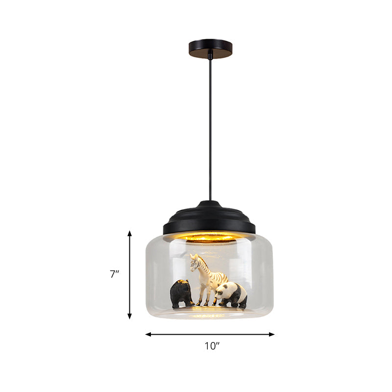 Modern Adjustable Glass Cylinder Bedroom Pendant Lamp with Animal Decor (Random Animal Shipment)