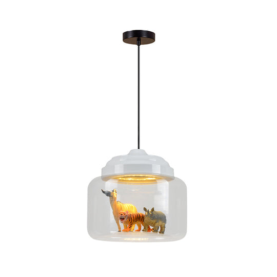 Modern Adjustable Glass Cylinder Bedroom Pendant Lamp with Animal Decor (Random Animal Shipment)