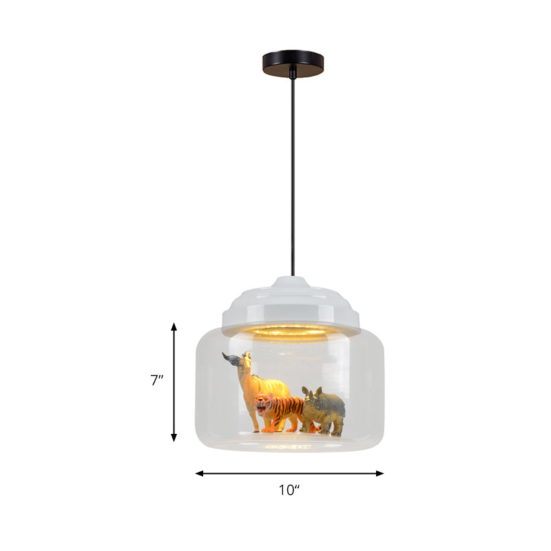 Modern Adjustable Glass Cylinder Bedroom Pendant Lamp with Animal Decor (Random Animal Shipment)