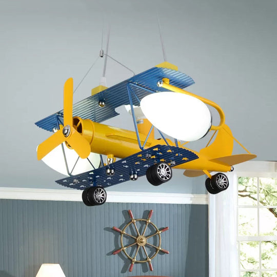 Boys' Bedroom Chandelier: Blue Pendant Light with Milk Glass Shade & Biplane Design