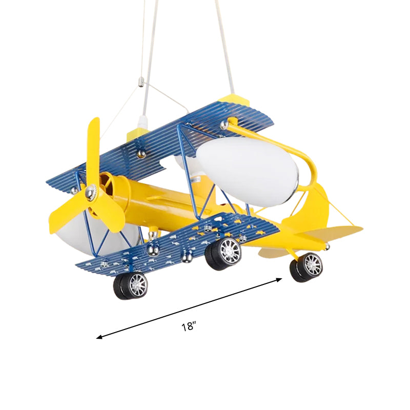 Boys' Bedroom Chandelier: Blue Pendant Light with Milk Glass Shade & Biplane Design