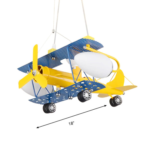 Boys' Bedroom Chandelier: Blue Pendant Light with Milk Glass Shade & Biplane Design