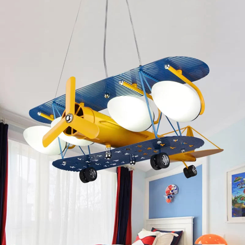 Boys' Bedroom Chandelier: Blue Pendant Light with Milk Glass Shade & Biplane Design