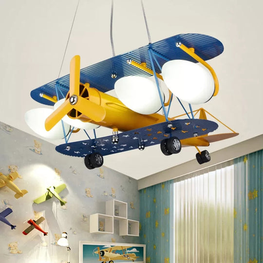 Boys' Bedroom Chandelier: Blue Pendant Light with Milk Glass Shade & Biplane Design
