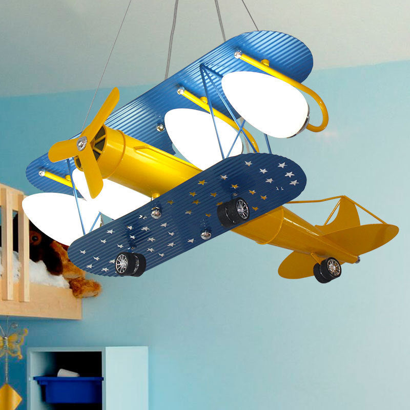 Boys' Bedroom Chandelier: Blue Pendant Light with Milk Glass Shade & Biplane Design