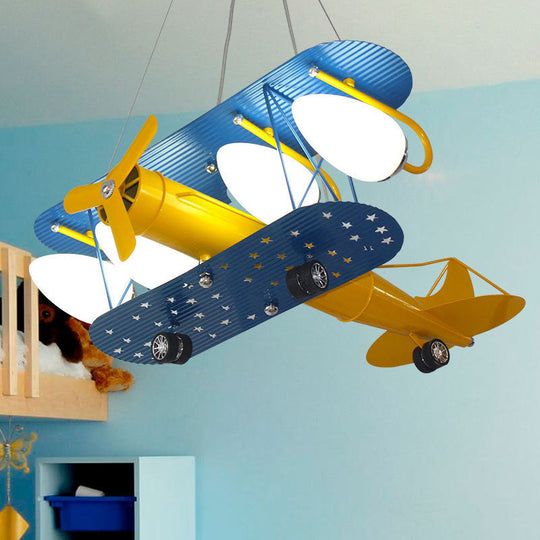 Boys' Bedroom Chandelier: Blue Pendant Light with Milk Glass Shade & Biplane Design