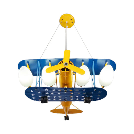 Boys' Bedroom Chandelier: Blue Pendant Light with Milk Glass Shade & Biplane Design