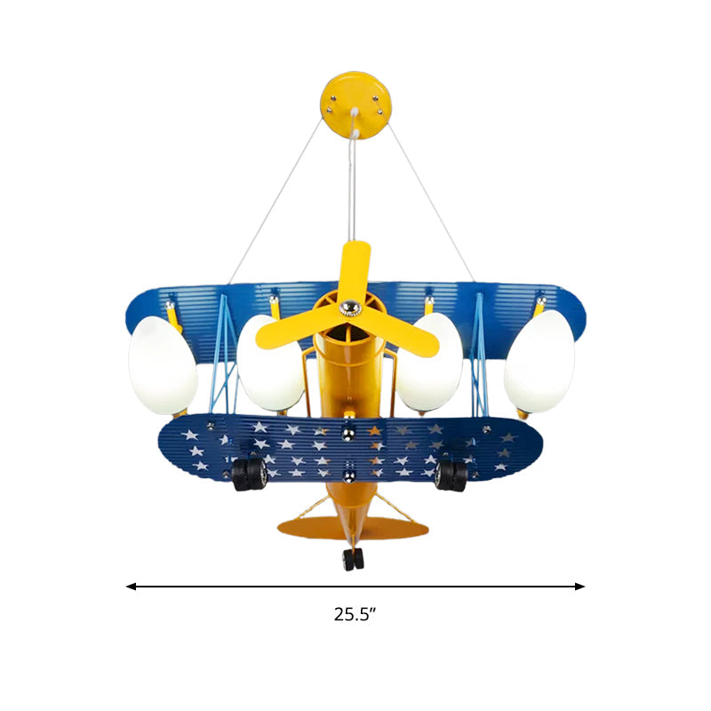 Boys' Bedroom Chandelier: Blue Pendant Light with Milk Glass Shade & Biplane Design