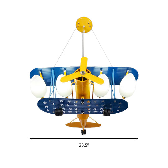 Boys' Bedroom Chandelier: Blue Pendant Light with Milk Glass Shade & Biplane Design