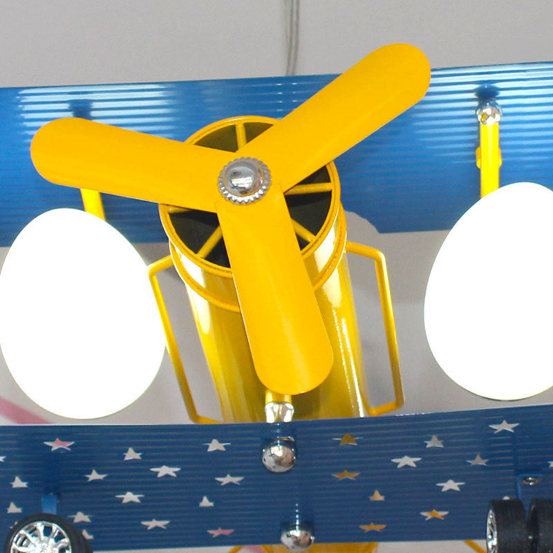 Boys' Bedroom Chandelier: Blue Pendant Light with Milk Glass Shade & Biplane Design