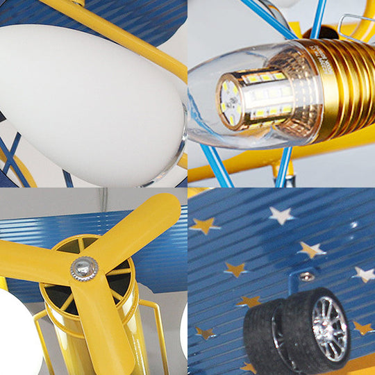 Boys' Bedroom Chandelier: Blue Pendant Light with Milk Glass Shade & Biplane Design