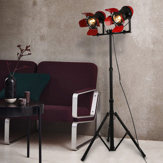 Red Tripod Design Retro Industrial Floor Lamp - 2 Lights - Metallic Standing Light for Studios