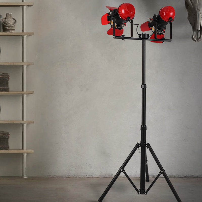Red Tripod Design Retro Industrial Floor Lamp - 2 Lights - Metallic Standing Light for Studios