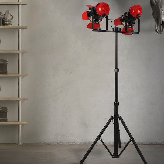 Red Tripod Design Retro Industrial Floor Lamp - 2 Lights - Metallic Standing Light for Studios