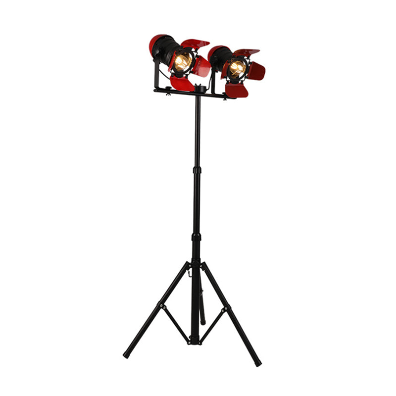 Red Tripod Design Retro Industrial Floor Lamp - 2 Lights - Metallic Standing Light for Studios