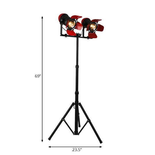 Red Tripod Design Retro Industrial Floor Lamp - 2 Lights - Metallic Standing Light for Studios