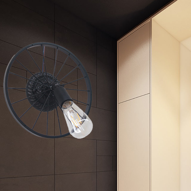 Farmhouse Style Metal Wall Sconce Lamp – Black/Bronze Wheel Design with Open Bulb – 1 Light Restaurant Lighting