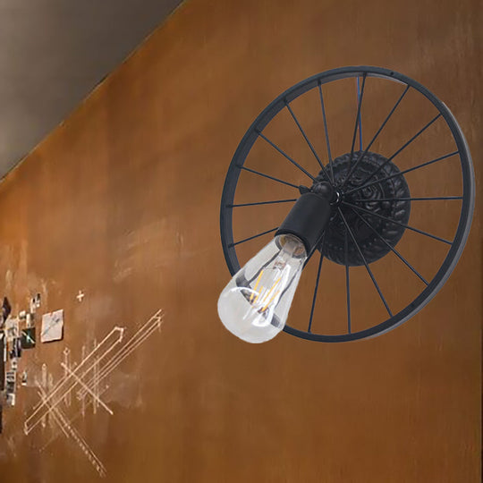 Farmhouse Style Metal Wall Sconce Lamp – Black/Bronze Wheel Design with Open Bulb – 1 Light Restaurant Lighting