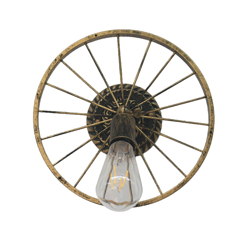 Farmhouse Style Metal Wall Sconce Lamp – Black/Bronze Wheel Design with Open Bulb – 1 Light Restaurant Lighting