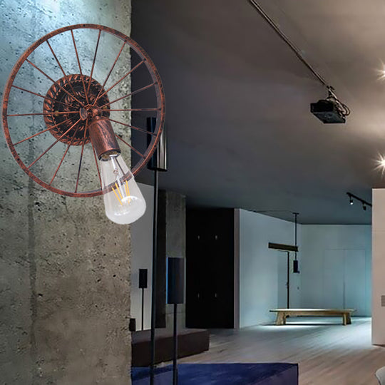 Farmhouse Style Metal Wall Sconce Lamp – Black/Bronze Wheel Design with Open Bulb – 1 Light Restaurant Lighting