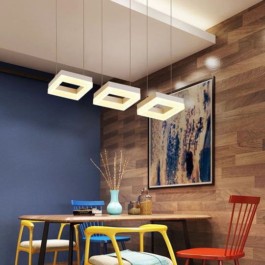 Contemporary Acrylic Square Island Light - 3-Light Ceiling Fixture over Table, Warm/White/Natural Light