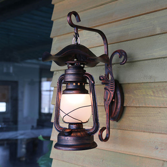 Nautical Weathered Copper Kerosene Lamp - Opaline Glass Wall Mount Light for Porch Wall Lighting
