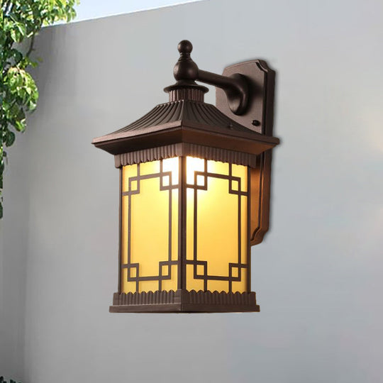 Classic Lantern Wall Mount Light with Prismatic/Tan Glass & Single Bulb - Black/Coffee