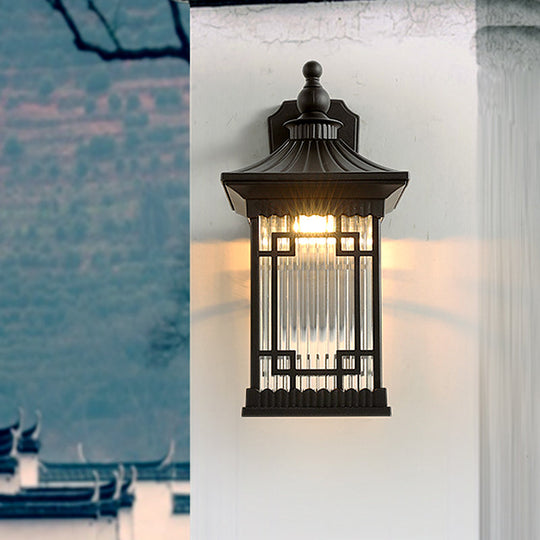 Classic Lantern Wall Mount Light with Prismatic/Tan Glass & Single Bulb - Black/Coffee