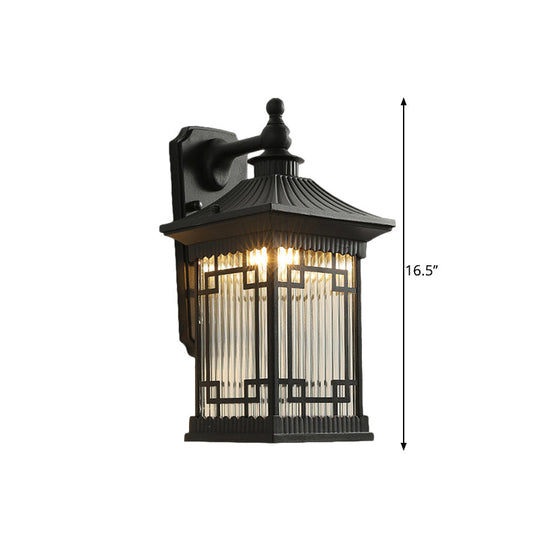 Classic Lantern Wall Mount Light with Prismatic/Tan Glass & Single Bulb - Black/Coffee
