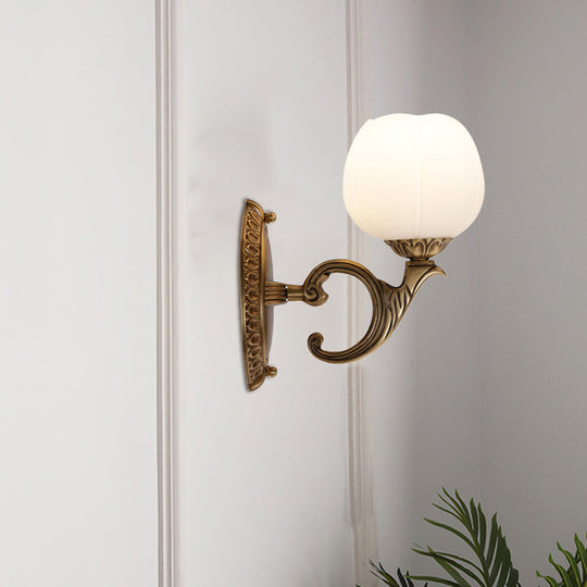 White Glass Wall Mounted Light with Country Brass Blossom Design – Tearoom Surface Wall Sconce
