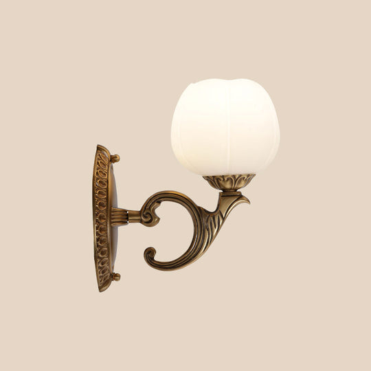 White Glass Wall Mounted Light with Country Brass Blossom Design – Tearoom Surface Wall Sconce