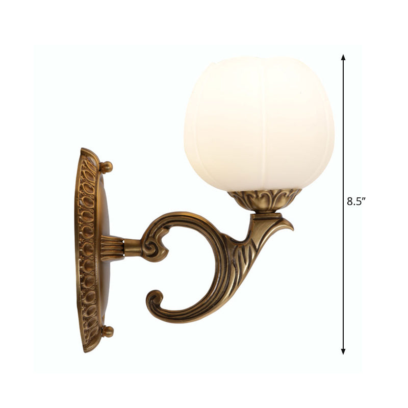 White Glass Wall Mounted Light with Country Brass Blossom Design – Tearoom Surface Wall Sconce