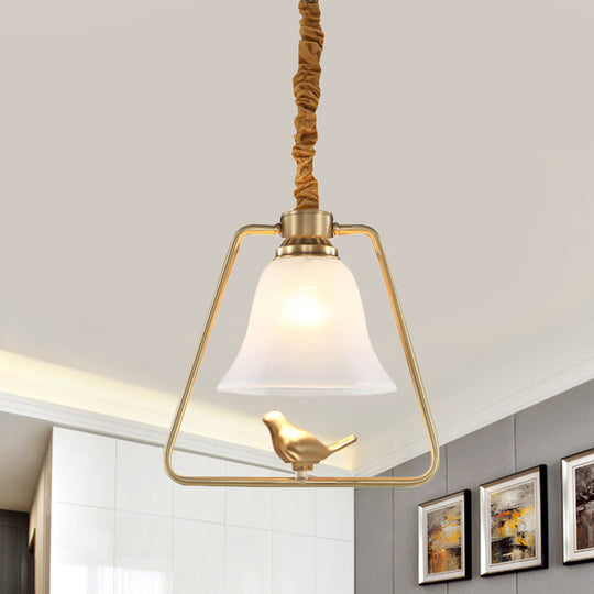 Vintage Opal Glass Hanging Lamp - Gold Frame Pendant Light with Bird Detail - Bell Dining Hall