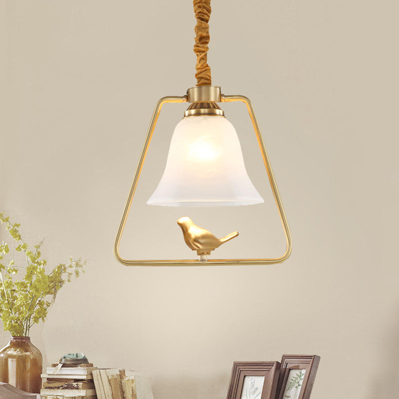 Vintage Opal Glass Hanging Lamp - Gold Frame Pendant Light with Bird Detail - Bell Dining Hall