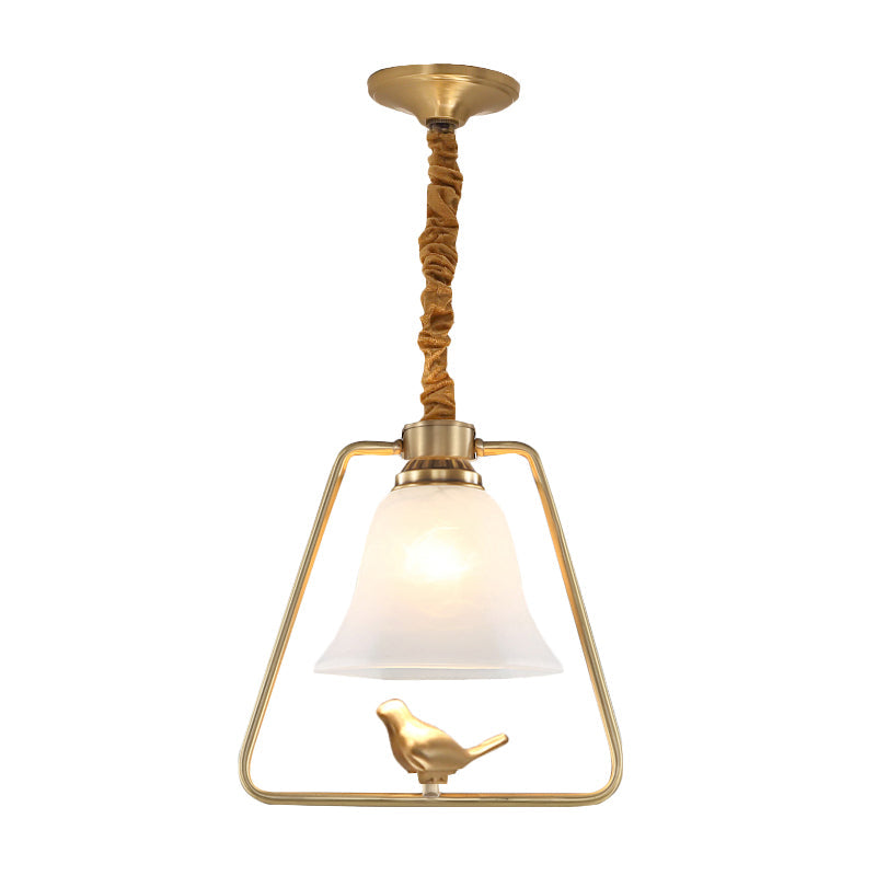 Vintage Opal Glass Hanging Lamp - Gold Frame Pendant Light with Bird Detail - Bell Dining Hall
