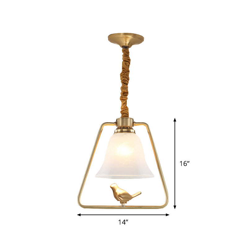 Vintage Opal Glass Hanging Lamp - Gold Frame Pendant Light with Bird Detail - Bell Dining Hall