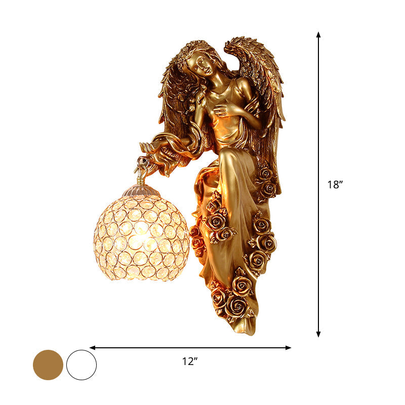 Vintage Faceted Crystal Sconce with Angel Resin Decor for Dining Room Wall Lighting in White/Gold (Left/Right)