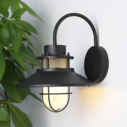 Rustic Cone Metal Wall Lighting: 1-Head Black Courtyard Wall Mount Lamp